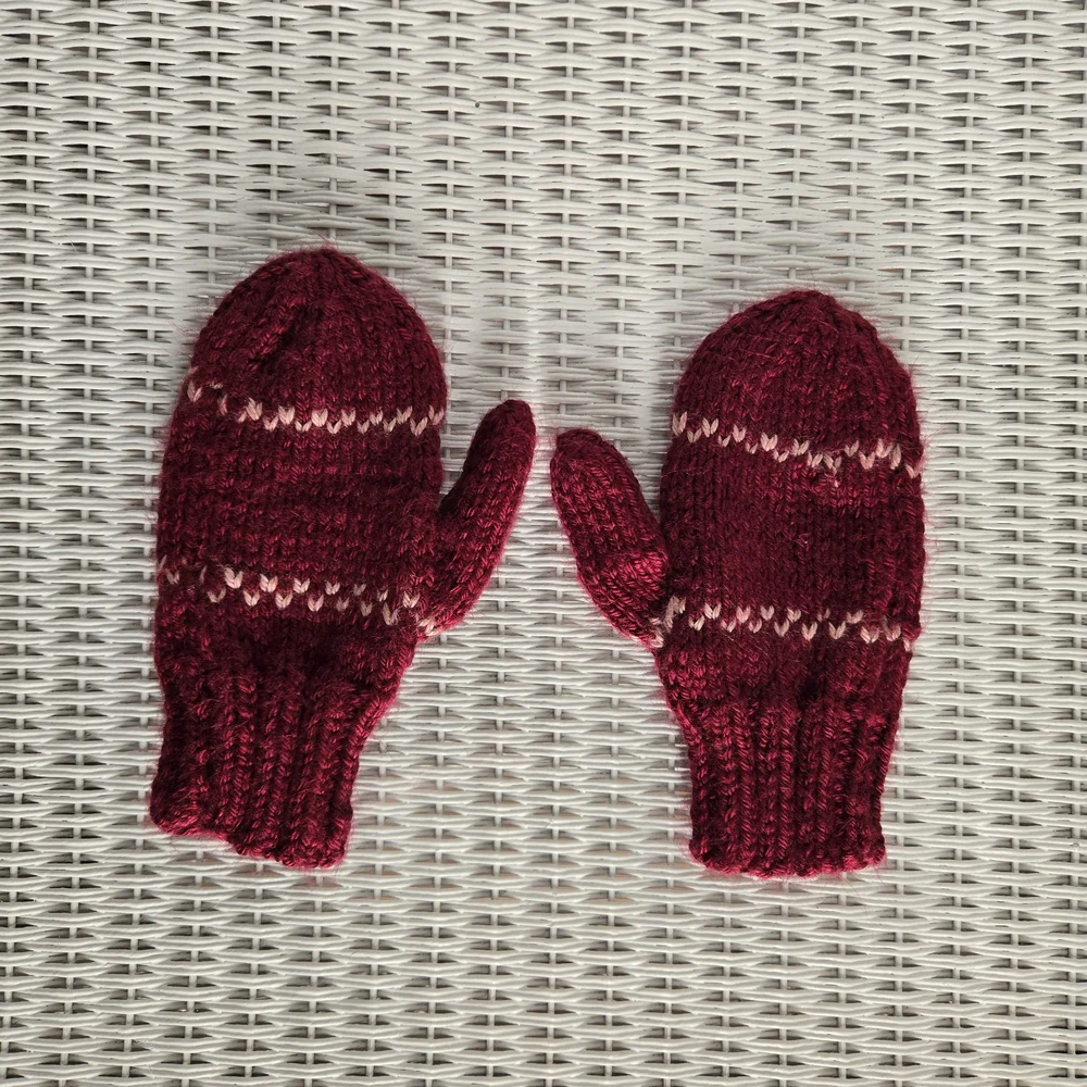 Hand-Knit Red and White Striped Mittens